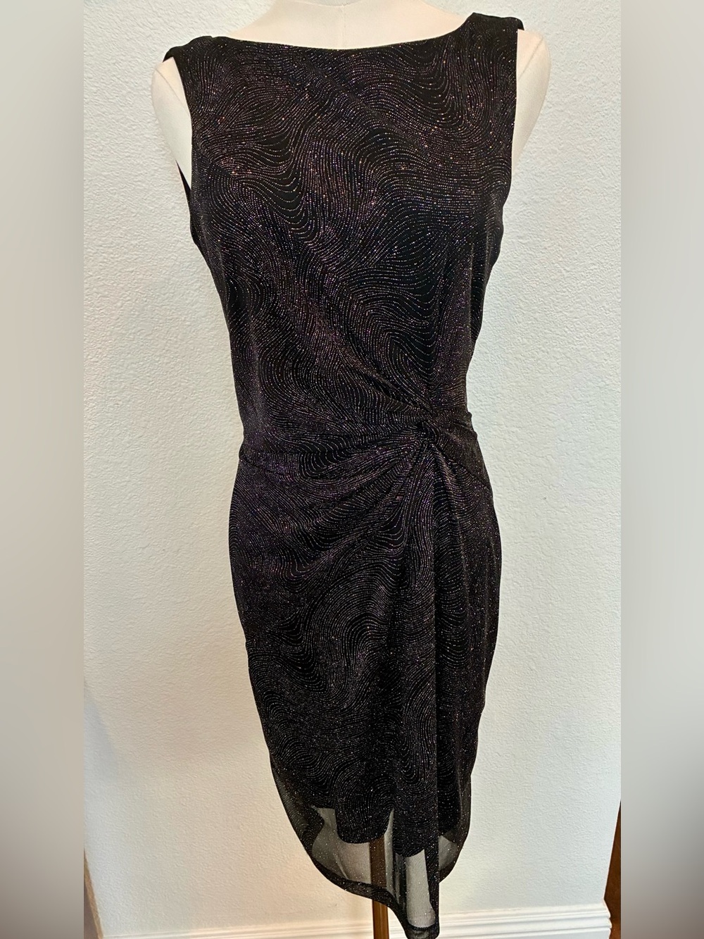 Calvin Klein Womens Gathered Swirl Pattern Sparkle Dress Size 2P Cocktail Sheath